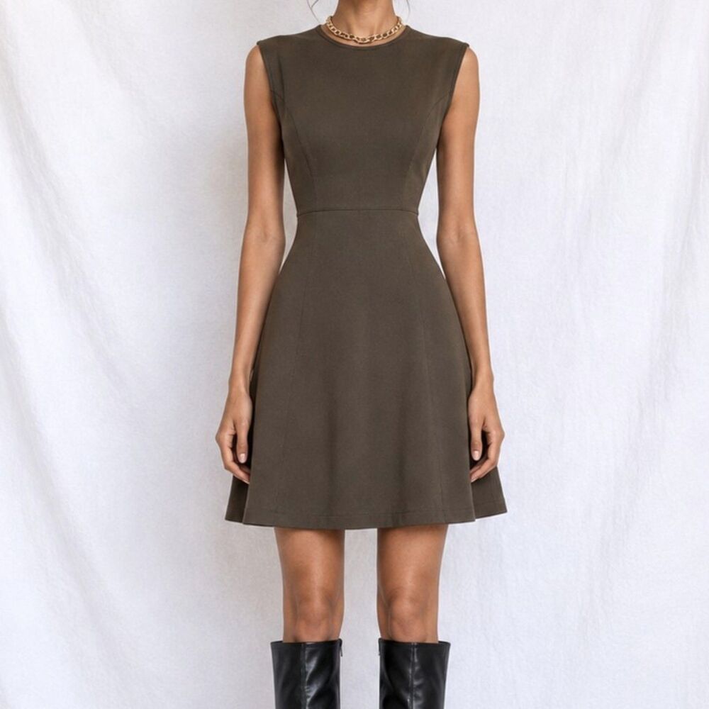 Vintage Y2K 90s Brown Sleeveless Knee Length Flared A-Line Cocktail Dress Size M